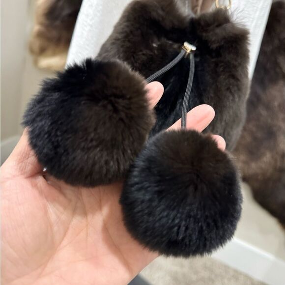 Chocolate Handmade Genuine Rex Rabbit Fur & Drawstring Bucket Bag/Crossbody - Picture 14 of 16